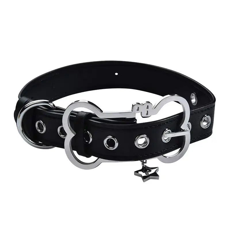 Punk Rock Kitten Silhouette Leather Dog Collar - Silver Studded Alt-Fashion