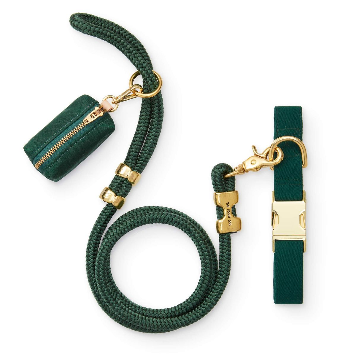 Hunter Green Luxury Dog Walking Set - Braided Rope Leash, Collar & Poop Bag Dispenser